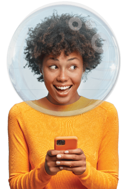 Young woman in a space helmet excited to be doing digital banking